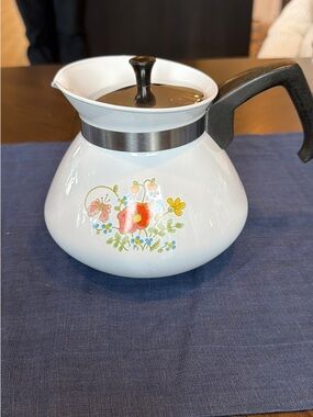 Vintage Corningware White Floral Coffee Percolator with Black Handle and Lid